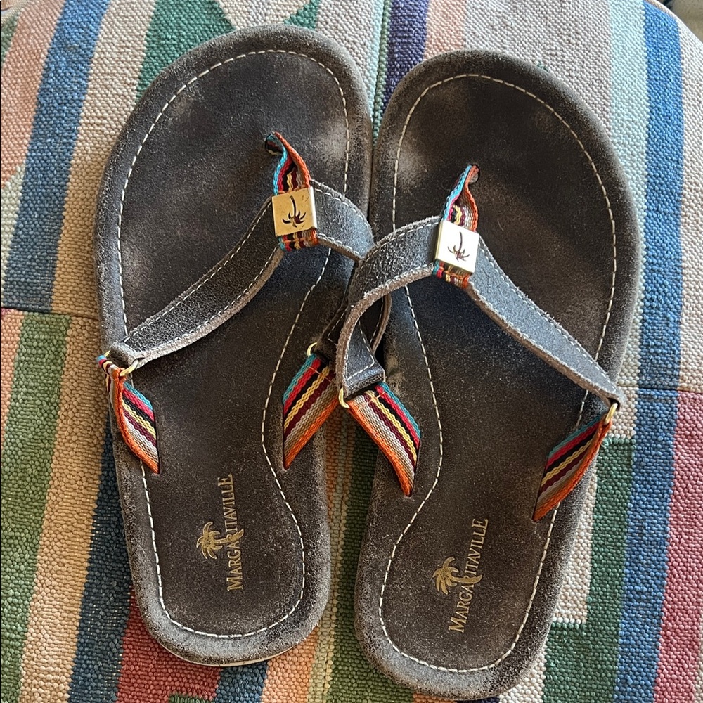 Margaritaville Womens Brown Leather Sandals with Rainbow Straps Size 8